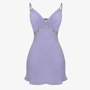 House of CB Embroidered Floral Plunge Satin Tie-Back Mini Dress L - Lavender